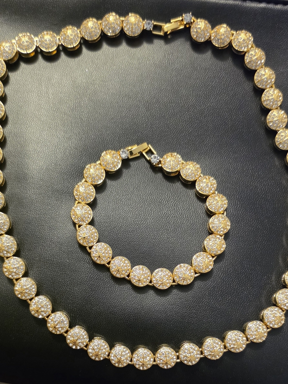 Gold Crystal Disc Necklace and Bracelet Set - Women Jewelry